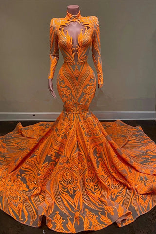 Vestido de fiesta naranja de sirena con cuello alto y mangas largas con lentejuelas y encaje