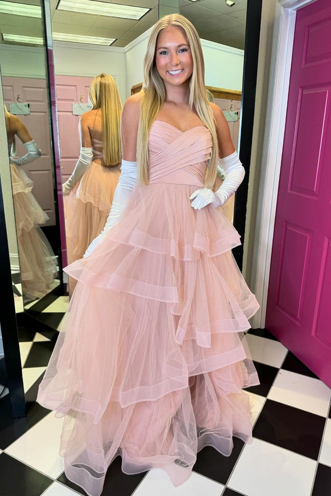 Stacia | A-Line Strapless Blush Pink Ruffle Tiered Tulle Long Prom Dresses Hover Image
