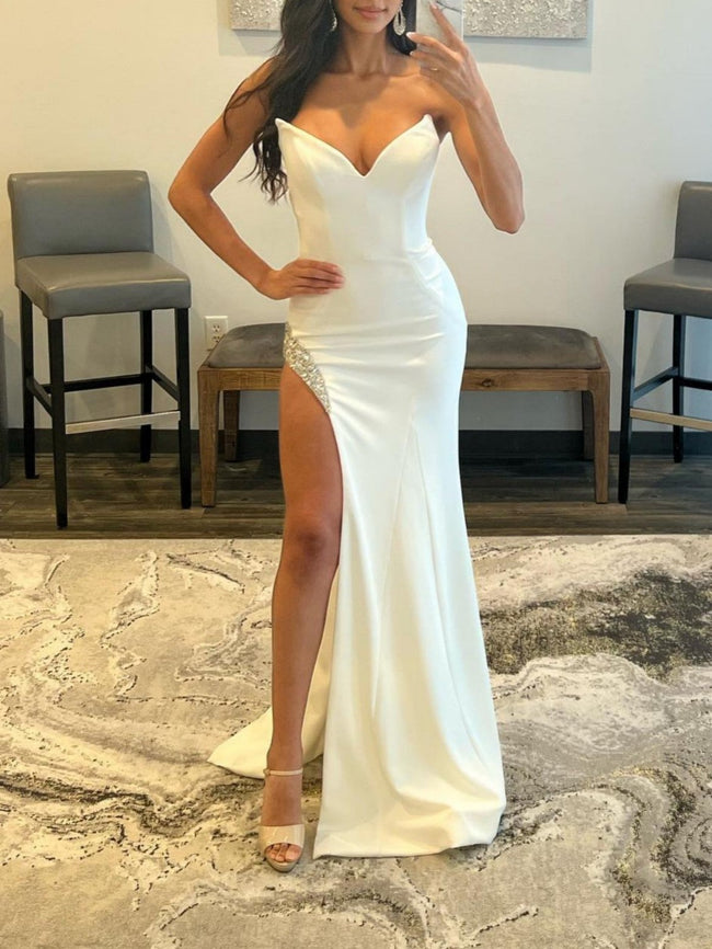 White Strapless V Neck Long Prom Dress With Slit Hover Image