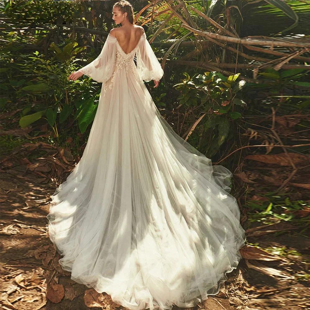 Elegant Sweetheart Neck Puff Long Sleeves Wedding Dress For Women 2023 Backless Tulle Bridal Gown Classic Robe De Mariée by payinti