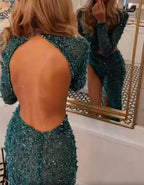 Sexy Long Sleeves Mermaid High Neck Sequined Formal Prom Dresses with Slit by BIZTUNNEL