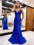 V Neck Pink Glitter Backless Mermaid Bodycon Long Prom Dress by KissProm