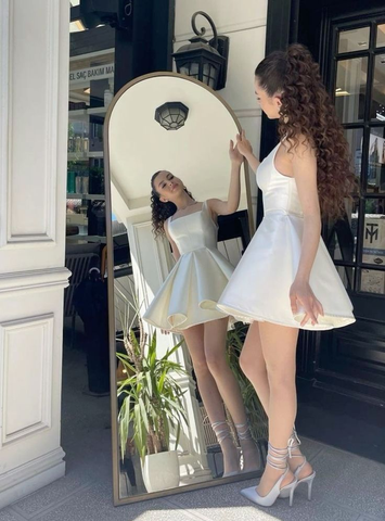 Elegant A Line Straps Ivory Satin Short Homecoming Dress Birthday Dress Y7658