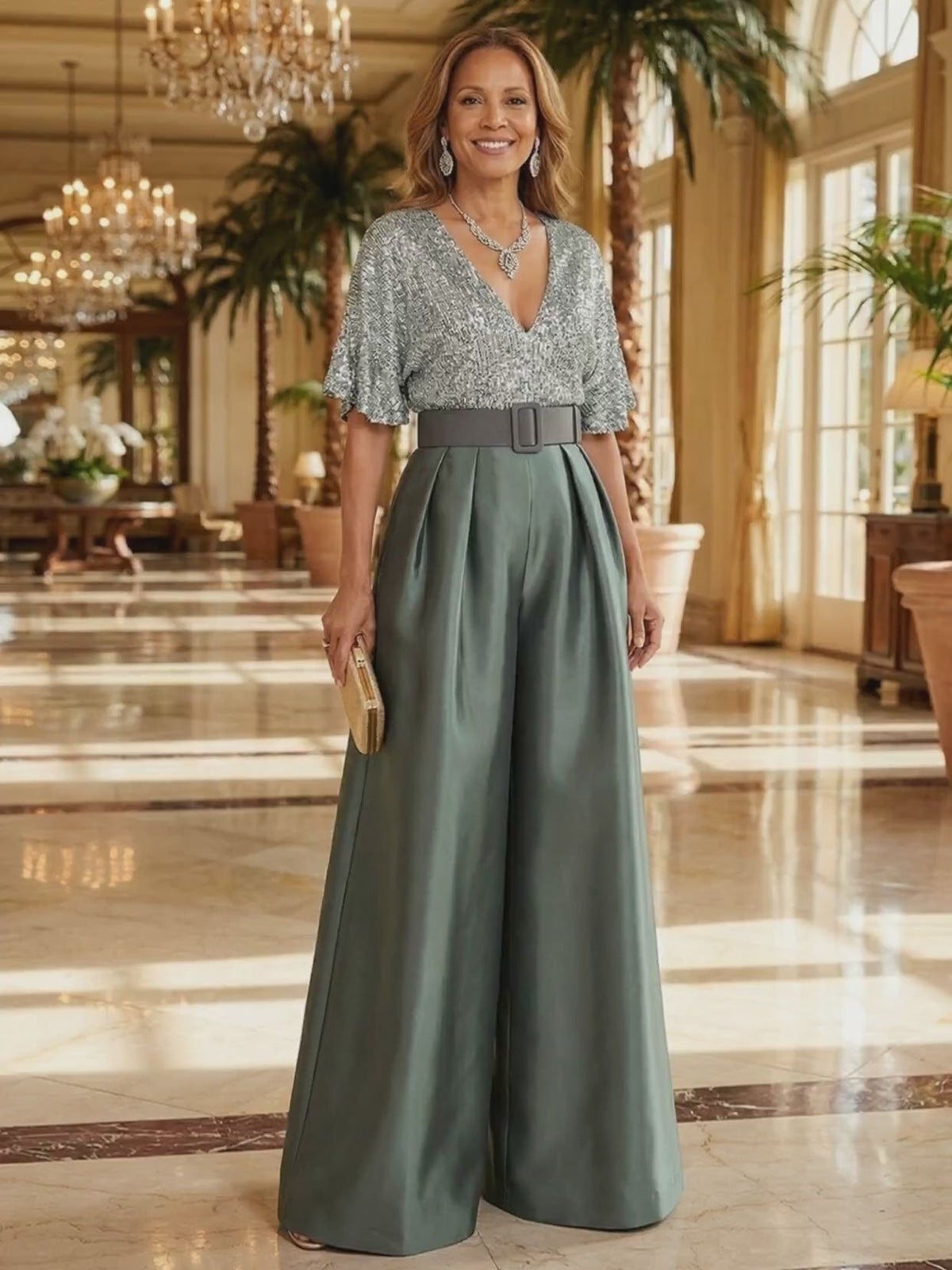 Jumpsuit V Neck Half Sleeve Long Sparkling Mother of the Bride Dresses with Belt (SHI22500201)