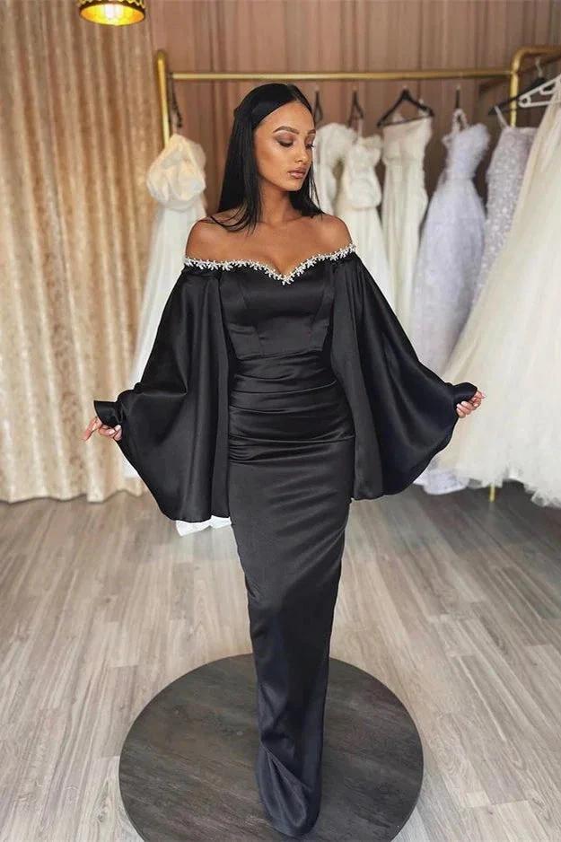 Black Long Off the Shoulder Mermaid Satin Prom Dress with Sleeves by BIZTUNNEL