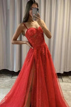 Spaghetti Straps A Line Tulle Long Prom Dress with Slit and Appliques Lace by BIZTUNNEL