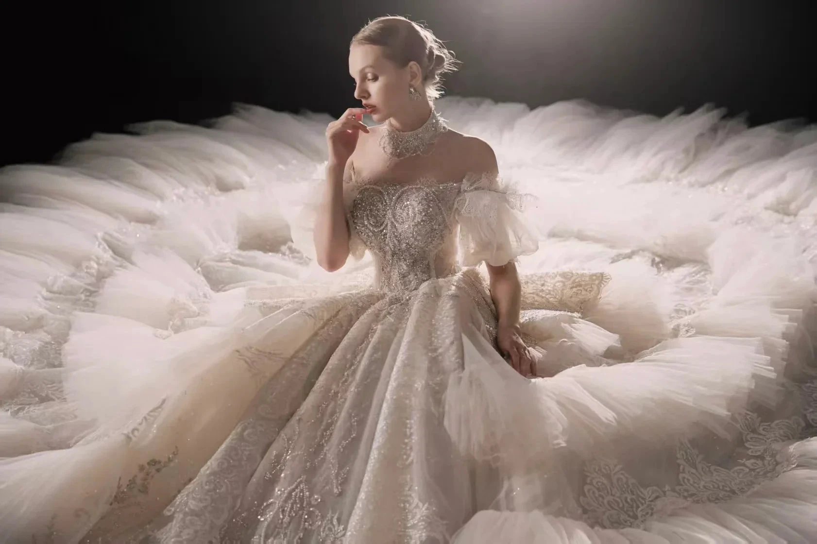 Opulent Off-the-Shoulder Ball Gown Tulle Puff Sleeve Beaded Lace Wedding Dress with Layered Ruffled Train & Choker Q6001 by ZAPDRESS