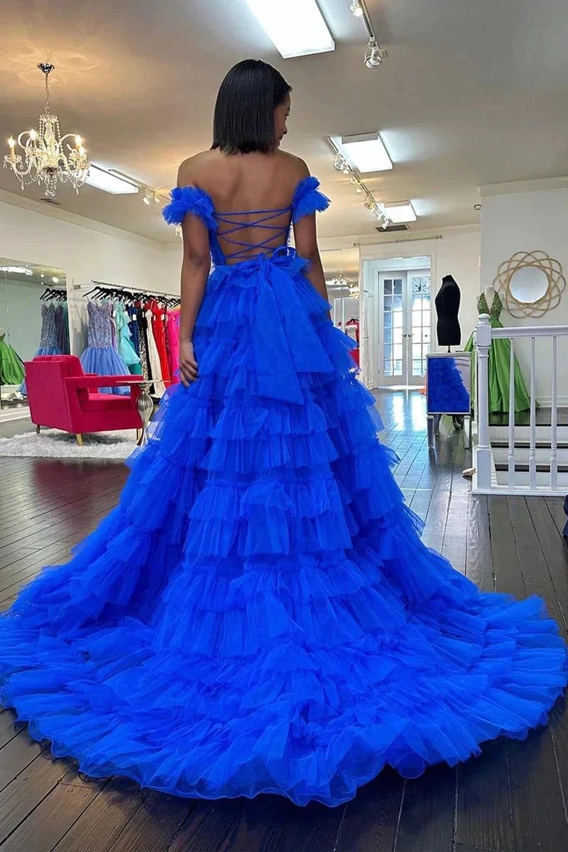 Adalynn | Royal Blue Off the Shoulder Ruffle Tiered Tulle Long Prom Dresses with Slit by KissProm