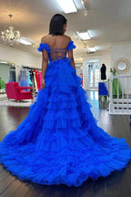 Adalynn | Royal Blue Off the Shoulder Ruffle Tiered Tulle Long Prom Dresses with Slit by KissProm