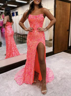 Fuchsia Strapless Sequins Lace Mermaid Prom Dresses with Slit by Kissprom