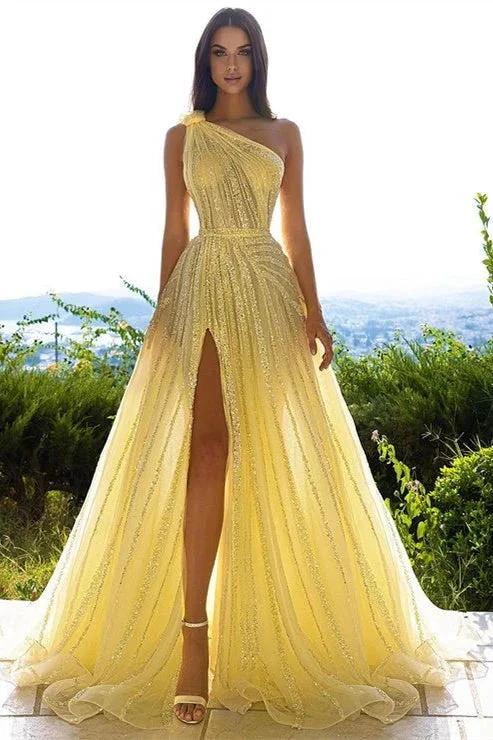 A-line One Shoulder Yellow Tulle Prom Dress with Front Split and Sequins by BIZTUNNEL