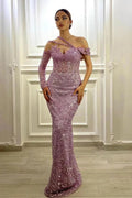 Gorgeous Lavender Sequins One Shoulder Mermaid Prom Dress with Long Sleeves by BIZTUNNEL