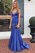 Regal Blue Mermaid V-Neck Evening Gown with Spaghetti Straps by BIZTUNNEL