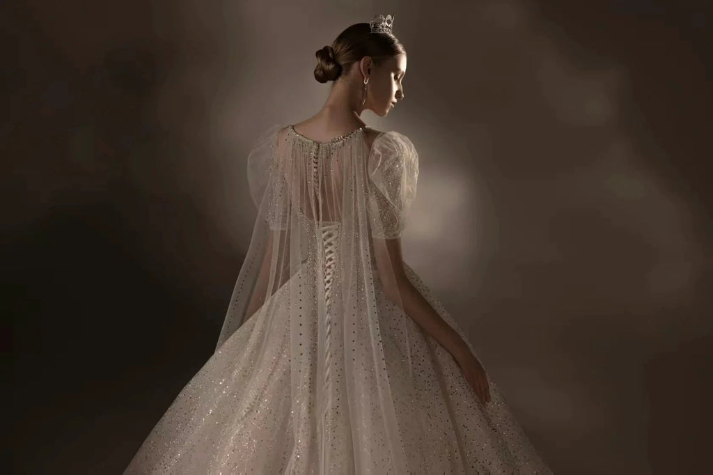 Sparkling Ball Gown Sweetheart Neck Tulle Wedding Dress with Beaded Embroidery & Sheer Puff Sleeves Q6021 by ZAPDRESS