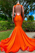 Orange Long V Neckline Sleeveless Beads Mermaid Backless Prom Dresses by BIZTUNNEL