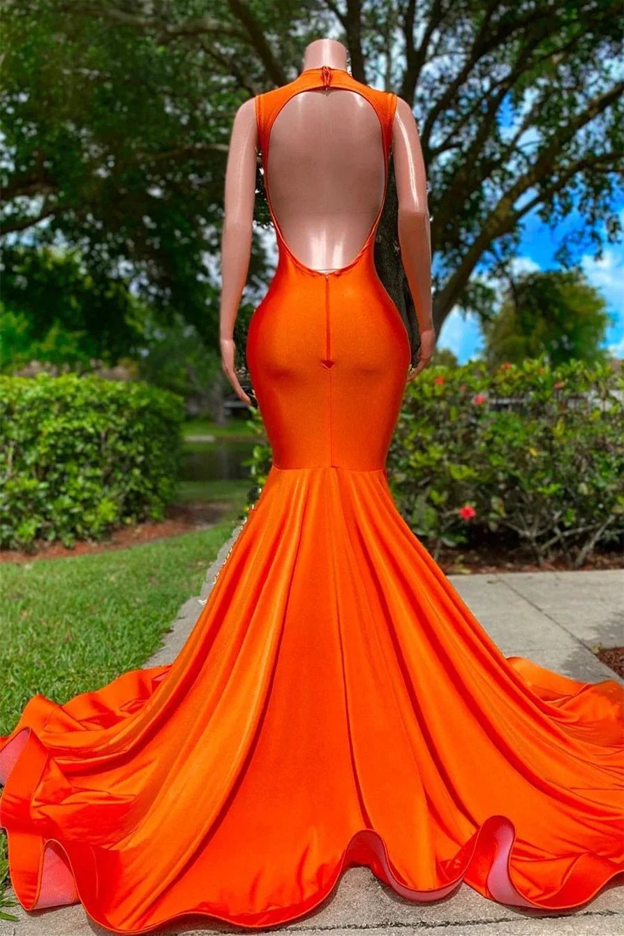Orange Long V Neckline Sleeveless Beads Mermaid Backless Prom Dresses by BIZTUNNEL