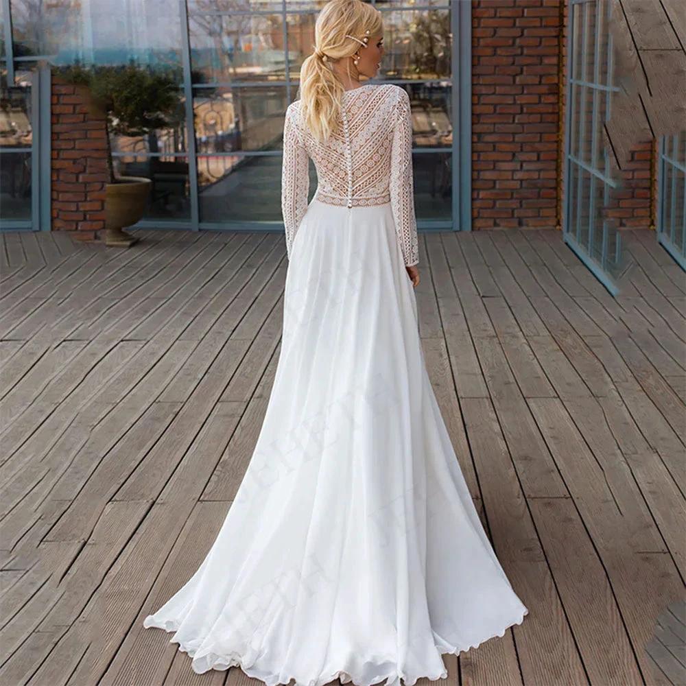 Wedding Dresses Long Sleeves Bohemian Illusion Lace Appliqued Chiffon Bridal Gowns Beach V-Neck A Line Robes De Mariée by payinti