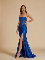 Royal Blue Strapless Corset Prom Dress with High Slit - Royal Blue