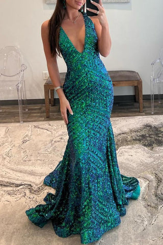 Nina | Vestido de fiesta largo estilo sirena con lentejuelas rosas y escote en V profundo
