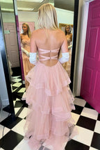 Stacia | A-Line Strapless Blush Pink Ruffle Tiered Tulle Long Prom Dresses by KissProm