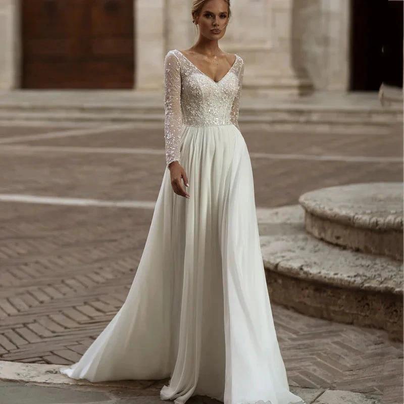 Modern Long Sleeve Wedding Dresses Simple Chiffon Lace Sequined Bridal Gowns Charming Backless A-Line vestidos de noiva by payinti