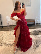 Kennedy |Sheath Off the Shoulder Long Lace Prom Dress (Lace-up Back) by KissProm