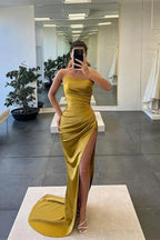 Long Mermaid Strapless Sleeveless Satin Prom Dress with Slit by BIZTUNNEL