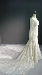 V-neck long sleeved luxurious nail bead trailing bridal veil by ZAPDRESS