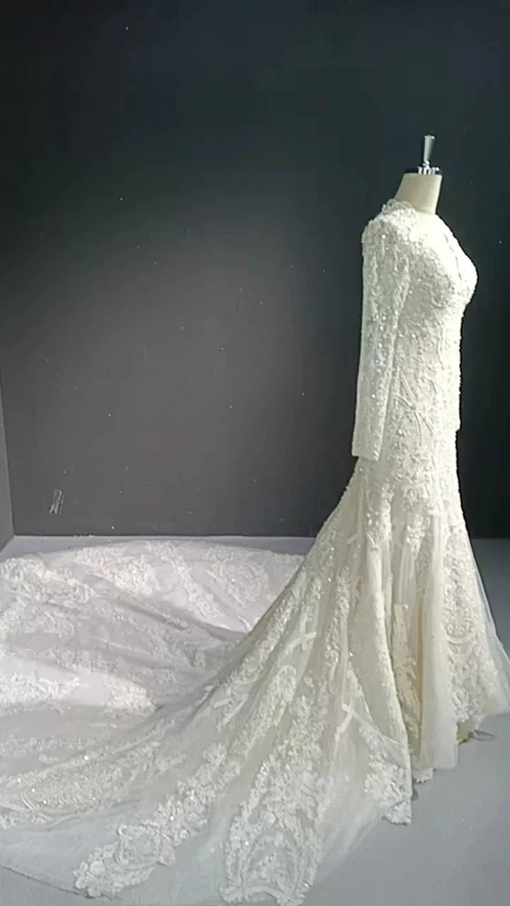 V-neck long sleeved luxurious nail bead trailing bridal veil by ZAPDRESS