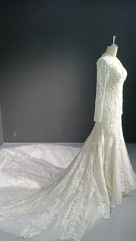 V-neck long sleeved luxurious nail bead trailing bridal veil