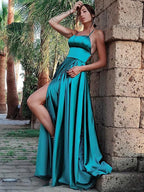 Open Back Split Front Spaghetti Straps Long Prom Dress by BIZTUNNEL