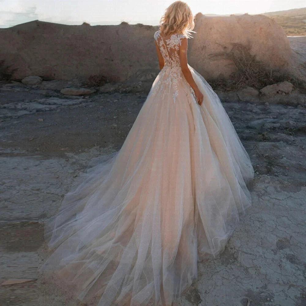Scoop Lace Applique A Line Wedding Dresses Sleeveless Illusion Tulle Boho Bridal Gown Vestido De Noiva by payinti