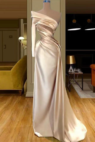 One-Shoulder-Langarm-Ballkleid im Meerjungfrau-Stil in Champagner