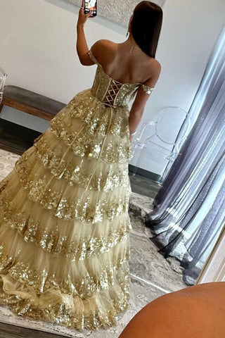 Leona | Schulterfreies Ballkleid im Prinzessinnen-Stil mit Pailletten und Spitze