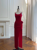 Glamorous Red Spaghetti Straps Sheath Slit Evening Dress Pleated Prom Dress With Flower Y8588 by simplepromdress