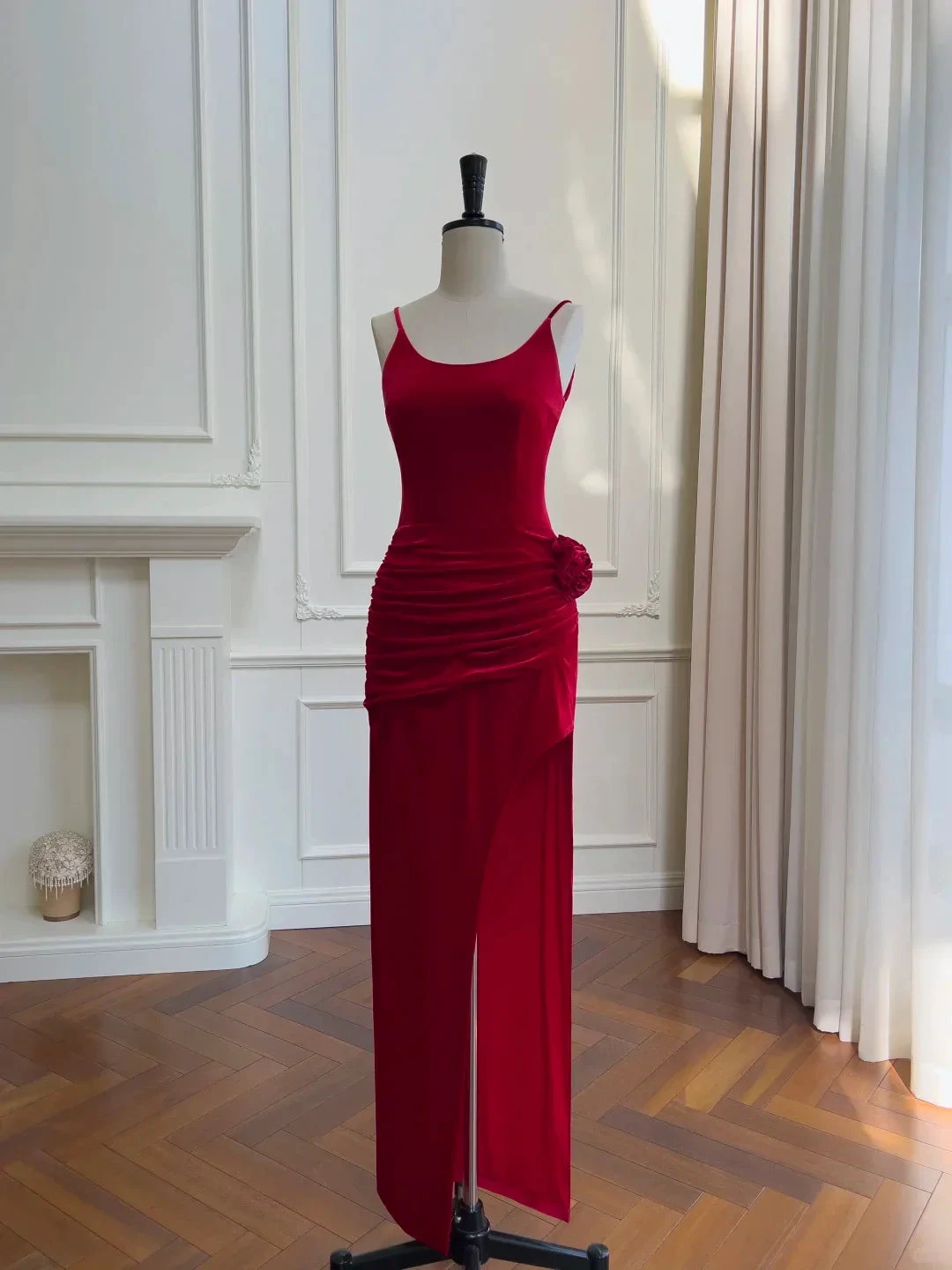 Glamorous Red Spaghetti Straps Sheath Slit Evening Dress Pleated Prom Dress With Flower Y8588 by simplepromdress