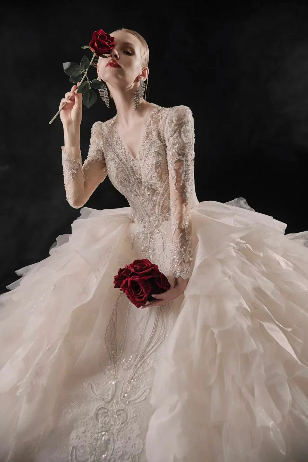 Luxurious V-Neck Ball Gown Long Lace Sleeve Beaded Embroidery Wedding Dress with Layered Ruffled Train E310 by ZAPDRESS
