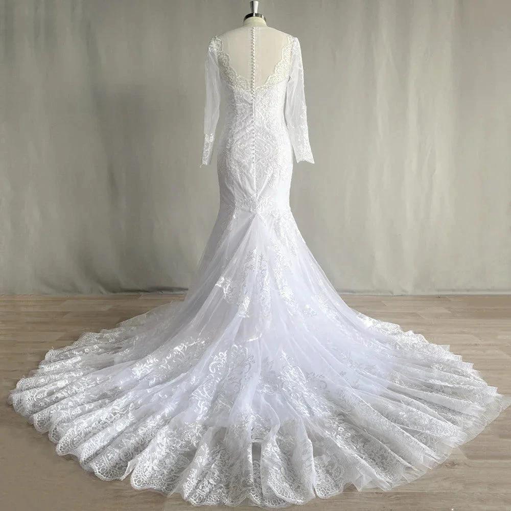 Gorgeous Lace Long Sleeve Mermaid Wedding Dresses Tulle Bridal Gown For Women Cathedral Train V-Neck Appliques Button Back by payinti