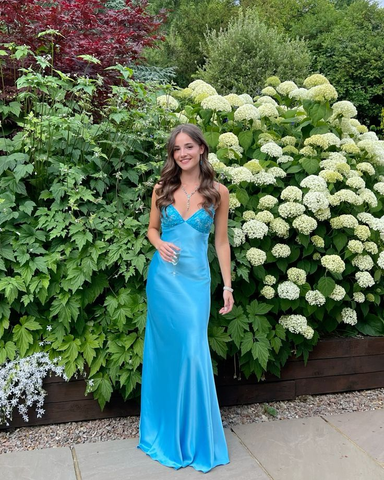 Blaues rückenfreies langes Ballkleid Abendkleid Y7516