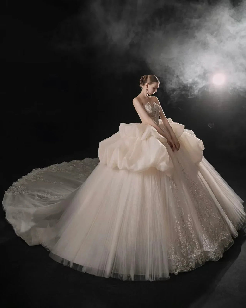 Opulent High-Neck Ball Gown Beaded Mesh Capelet Ruffled Skirt Wedding Dress with Sparkling Train Q6009 by ZAPDRESS