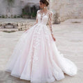 Luxury Pink Long Sleeves Wedding Dress Ball Gown Lace Appliques O-Neck Button Royal Train Bride Gowns Vestido De Novia Princess by payinti