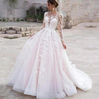 Luxury Pink Long Sleeves Wedding Dress Ball Gown Lace Appliques O-Neck Button Royal Train Bride Gowns Vestido De Novia Princess by payinti