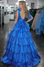 August | Glitter Tie Straps Pink Plunging Neck Tiered Long Prom Dress by KissProm