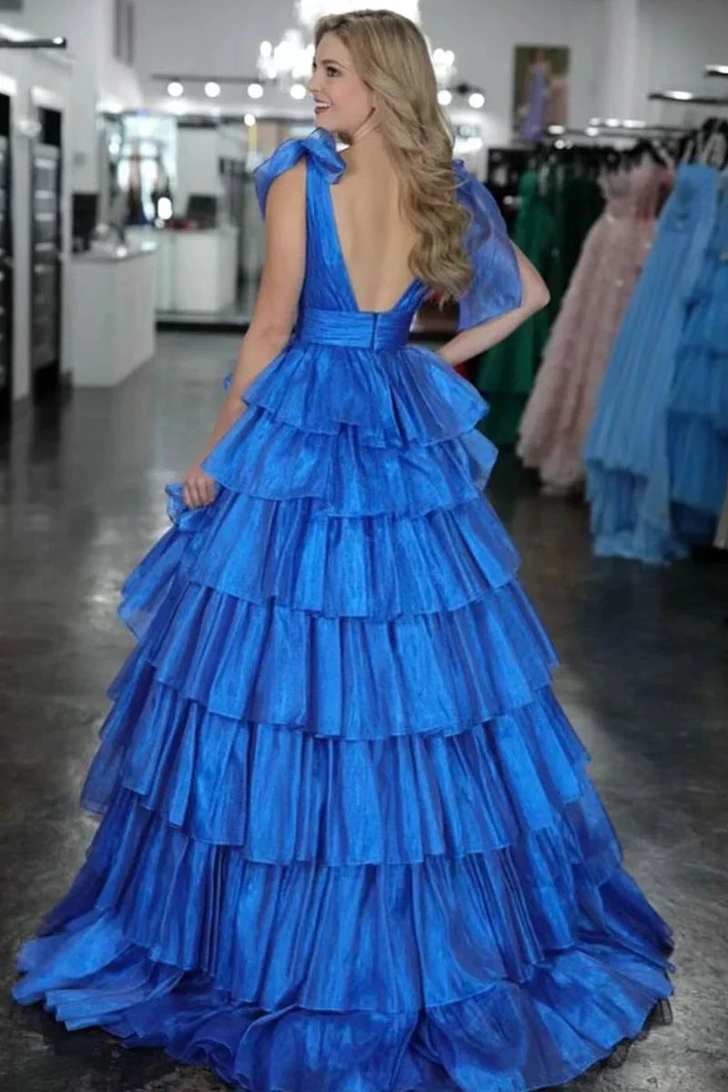 August | Glitter Tie Straps Pink Plunging Neck Tiered Long Prom Dress by KissProm