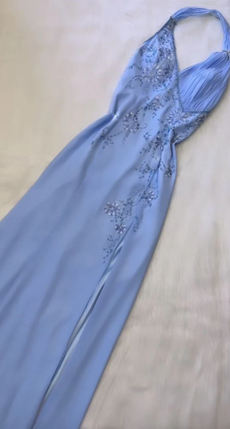 Vestido de fiesta azul largo con cuello halter y corte A, elegante vestido de noche formal con cuentas Y7562