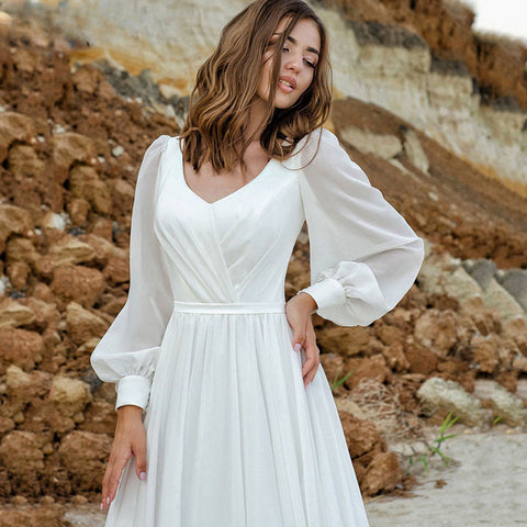 Puff Sleeve Wedding Dresses Women Vestido De Novia Long Chiffon Elegant V-Neck A-Line Backless Bridal Gown Robe Mariée