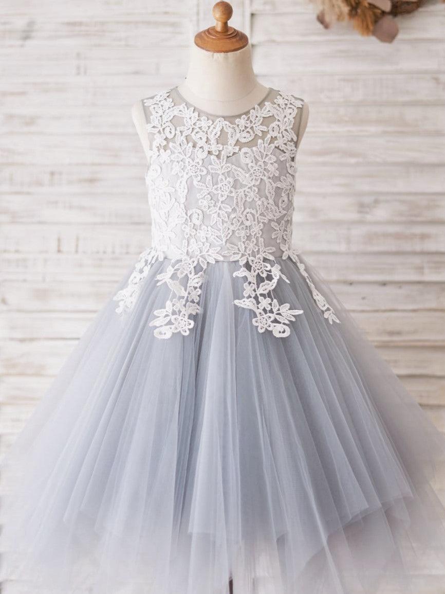 Lace Tulle Floor-length Blue Flower Girl Dress - photo 1