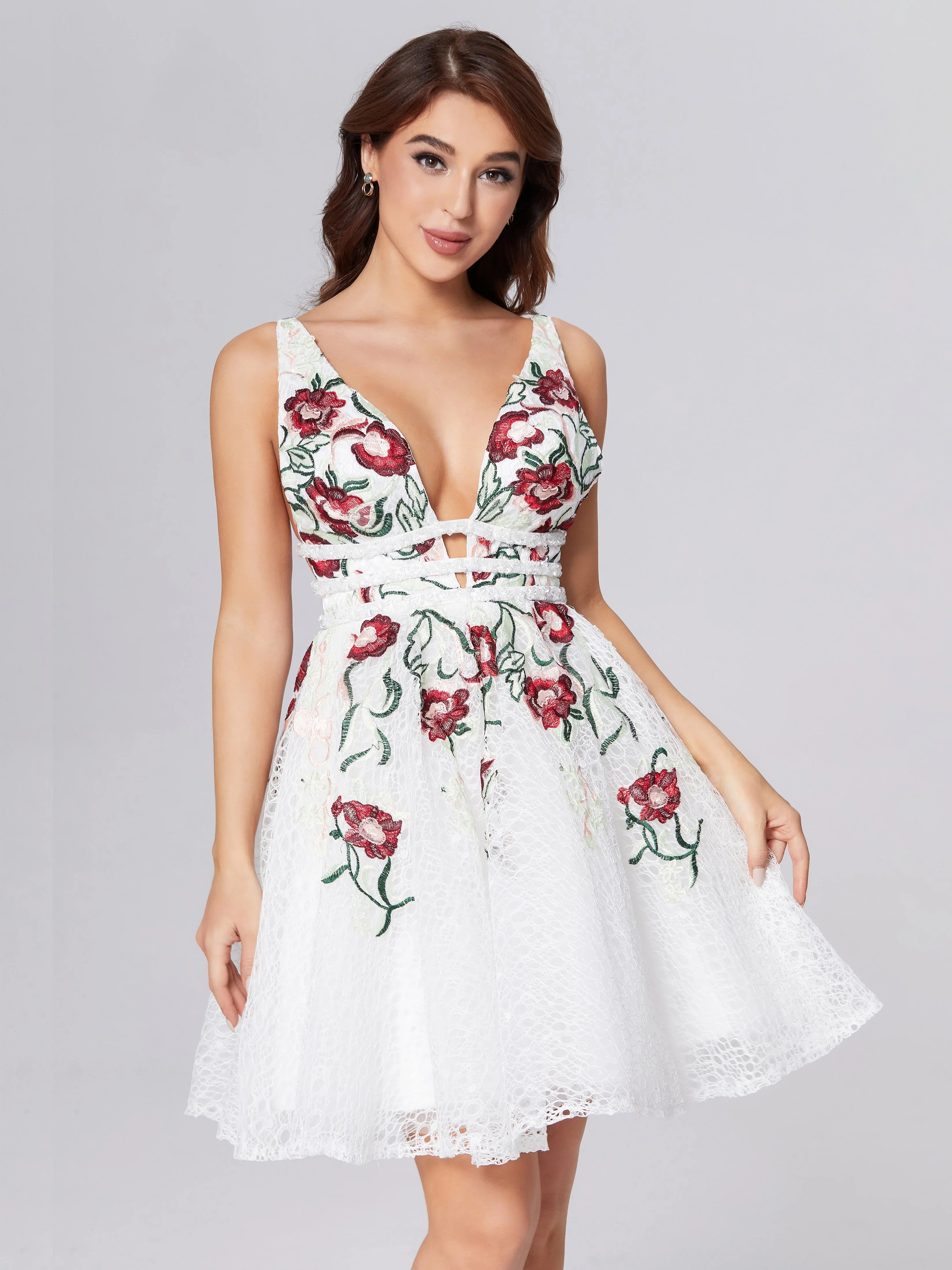 A-Line Deep V-neck Lace Appliques Short Homecoming Dress by Cicinia