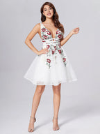 A-Line Deep V-neck Lace Appliques Short Homecoming Dress by Cicinia