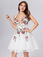 A-Line Deep V-neck Lace Appliques Short Homecoming Dress by Cicinia